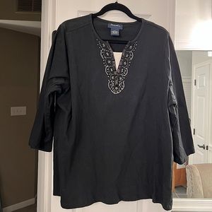 NEVER WORN Denim & Co black 3/4 sleeve V-neck with beading around collar